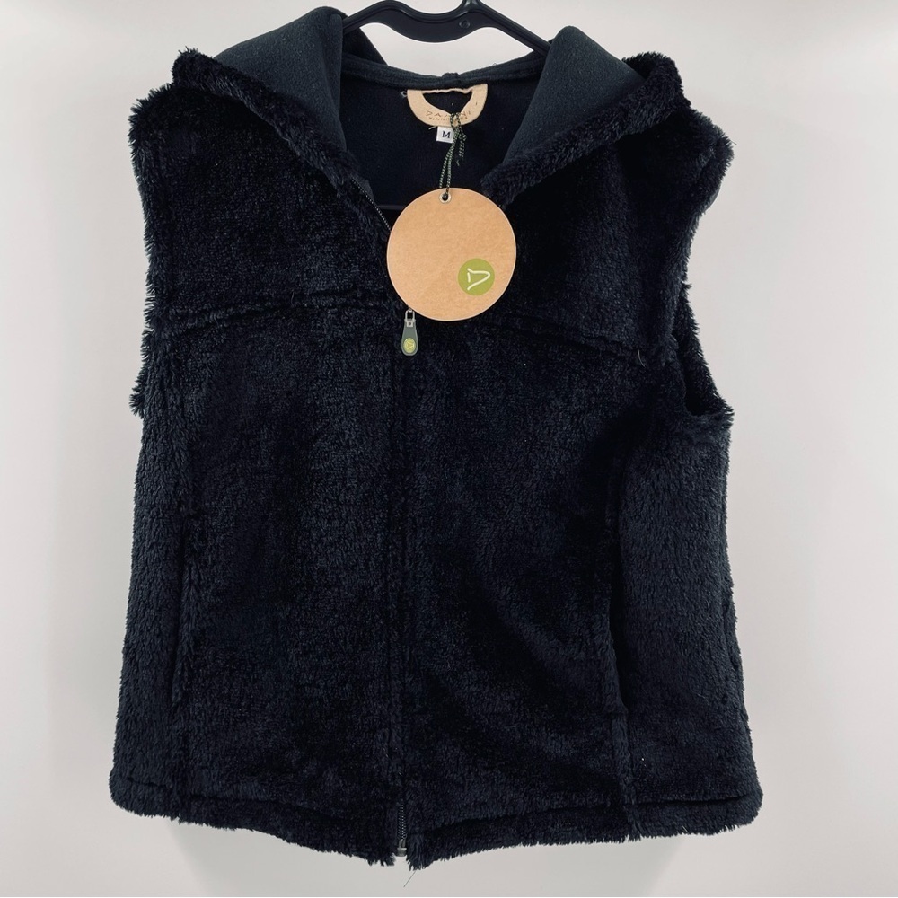NWT Dankini Polartec Furry Bkack Hooded Zip Front Sleeveless Warm Winter Vest